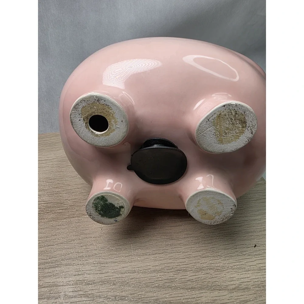 Vintage Mid Century Pottery Blush Pink Fat Belly Curly Tail Pig Piggy Bank